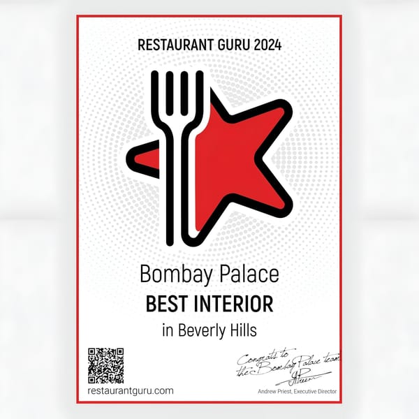 Restaurant Guru 2024 award for Bombay Palace, Best Interior in Beverly Hills.