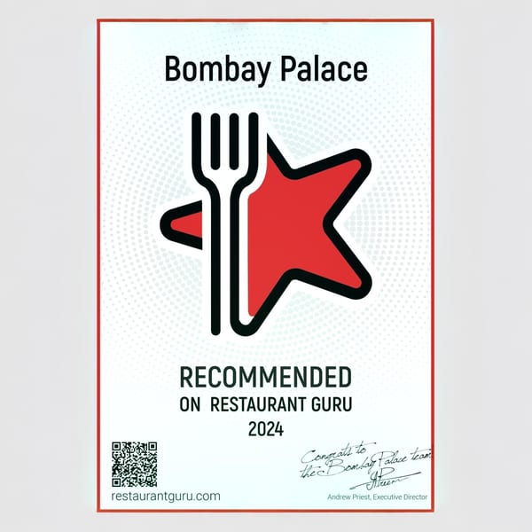 A certificate for Bombay Palace, "Recommended on Restaurant Guru 2024," with a fork and star logo.